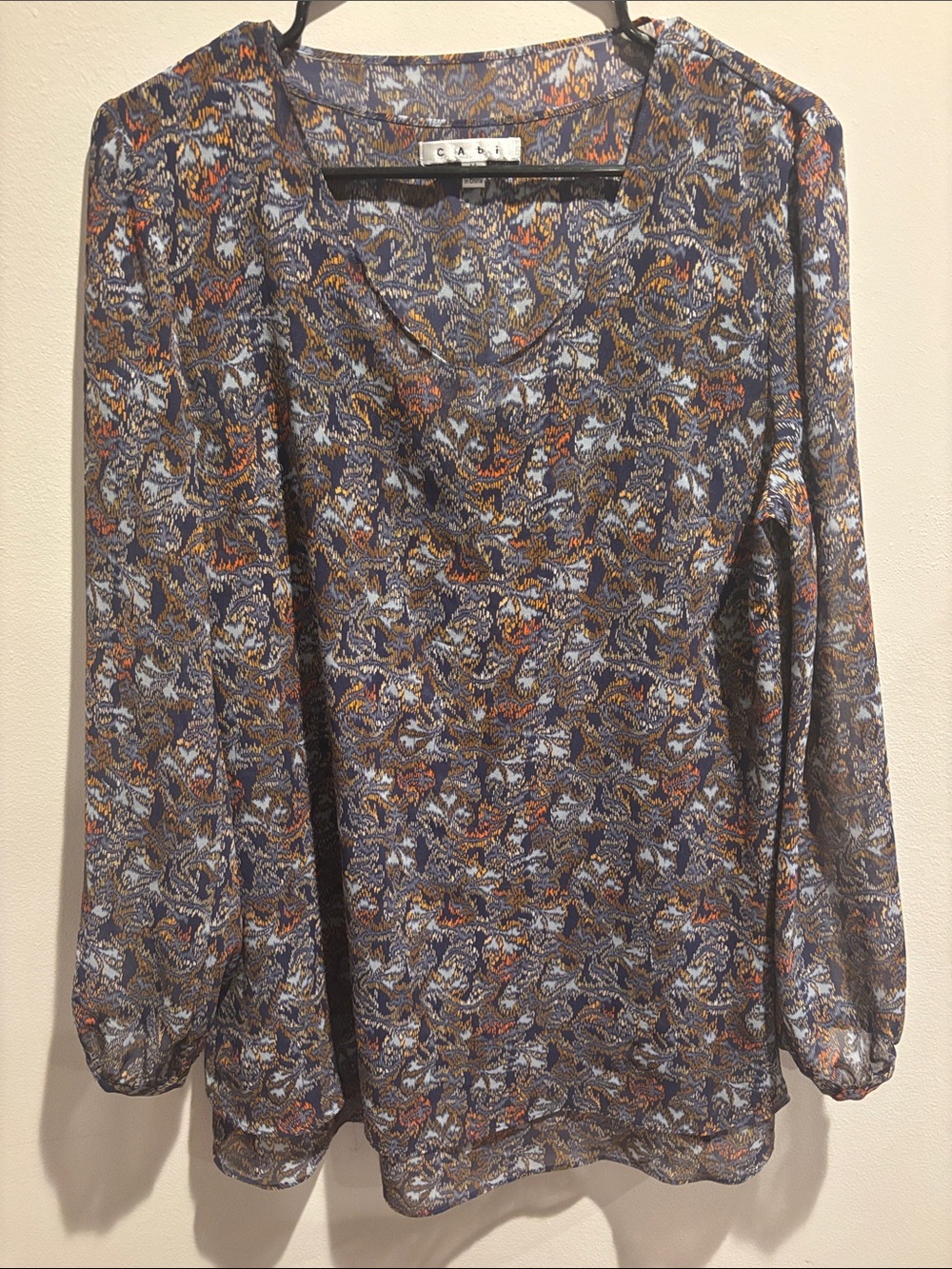 CAbi Lightweight Long-Sleeve Paisley Blouse in Navy, Brown and Cream